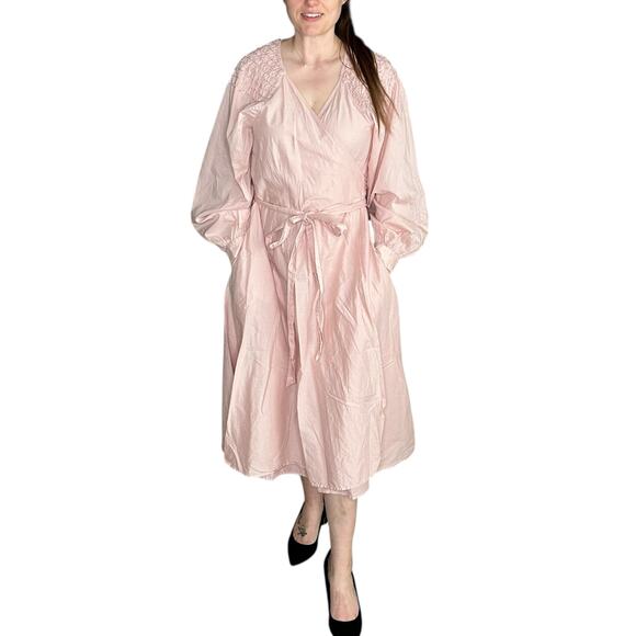 MERLETTE Ilya Smocked Belted Midi Dress Blush Pink Women's Size Medium Preppy - Picture 1 of 9